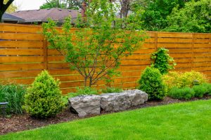 A wooden fence bordered by green shrubs, a small tree, rocks, and neatly trimmed grass in a backyard garden