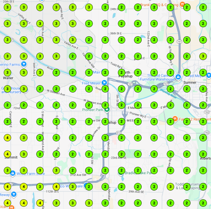 Local search grid for HVAC Company in Puyallup, WA result after doing local SEO work