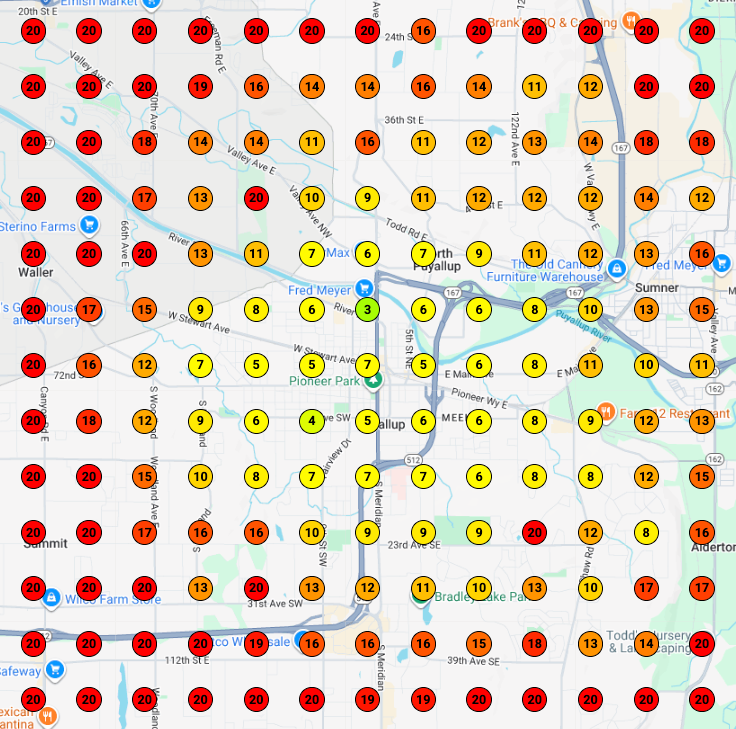 Local search grid for HVAC Company in Puyallup before doing an SEO work
