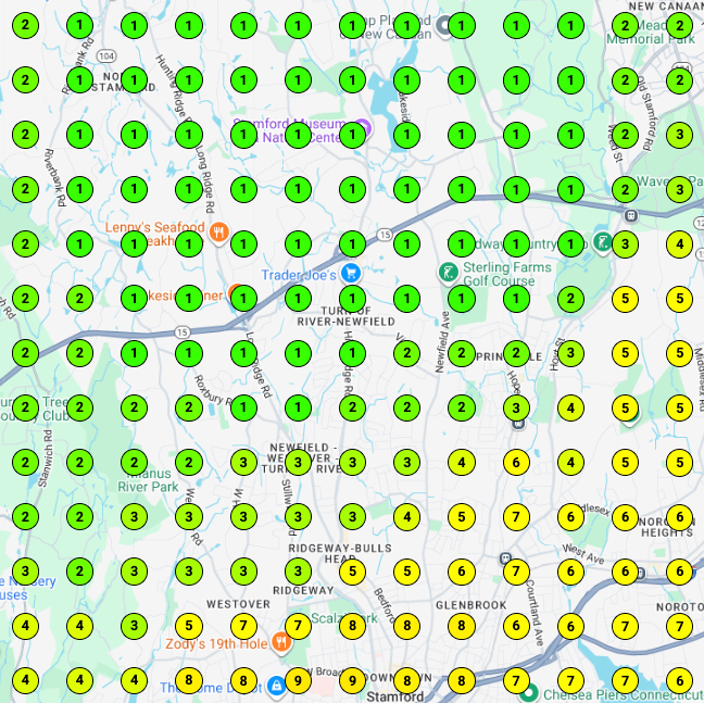 Local search grid for party equipment rental in Stamford, CT result after doing local SEO work