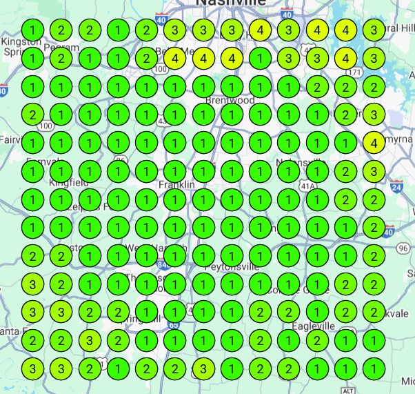 Heatmap showing improved local rankings for a sewer and drain service company in Franklin, TN after local SEO work.