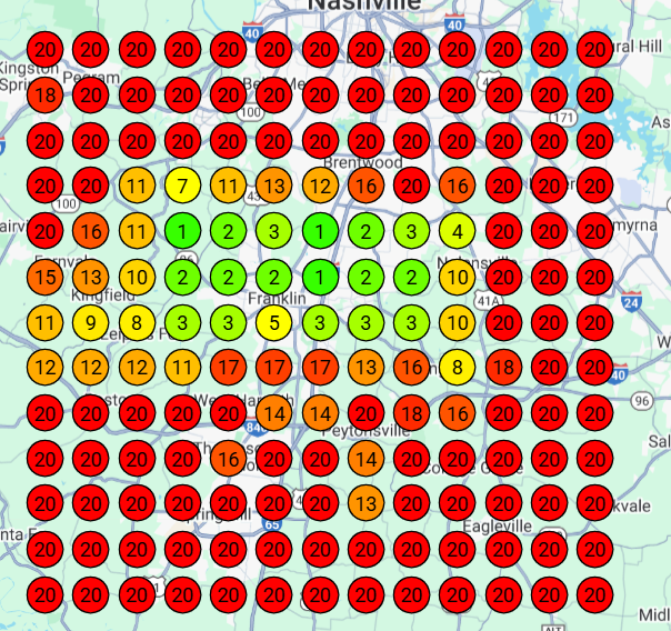 Local search grid for sewer and drain service company in Franklin, TN before doing an SEO work