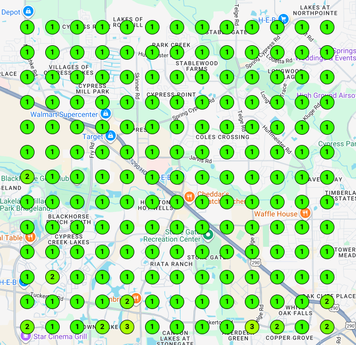 Local search grid for appliance repair company in Cypress, TX result after doing local SEO work