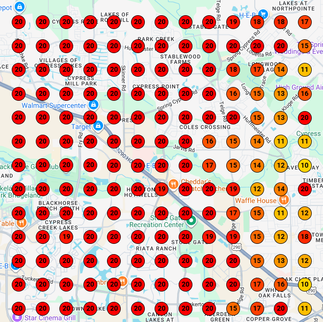 Local search grid for appliance repair company in Cypress, TX before doing an SEO work