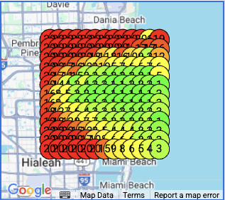 Local search grid (heatmap) for tree service business in North Miami Beach, Florida in April 2025