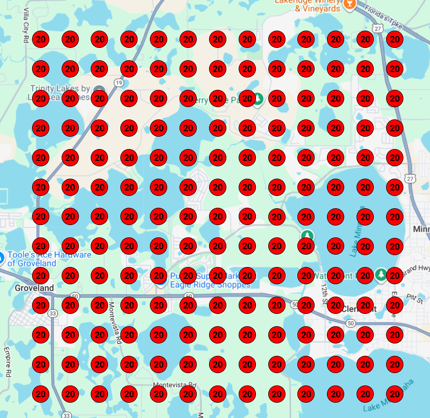 A map grid with red circles labeled 20, emphasizing Google Map rankings and local SEO for auto glass Clermont FL