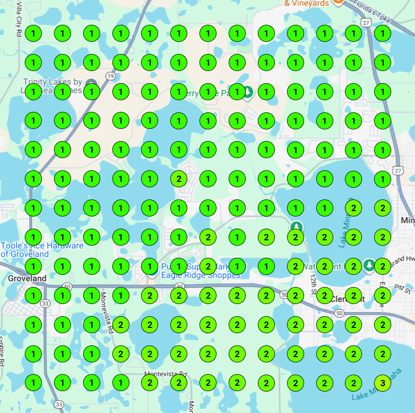 Local search grid visualizing Google Map rankings or tracking local SEO performance for car glass repair service in Clermont, FL
