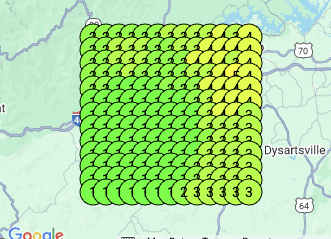 Local search grid for tree Removal and landscaping services business in Marion, NC